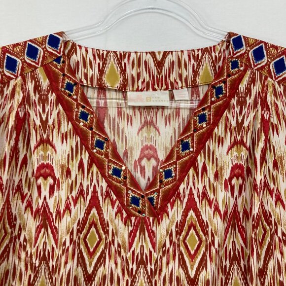 Belle Kim Gravel Size 1X Multi Color Boho Artsy Print V Neck Stretch knit Top - Picture 3 of 8